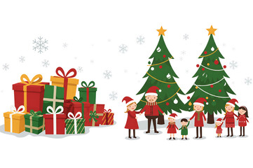 A joyous family celebrates Christmas surrounded by gifts and twinkling trees