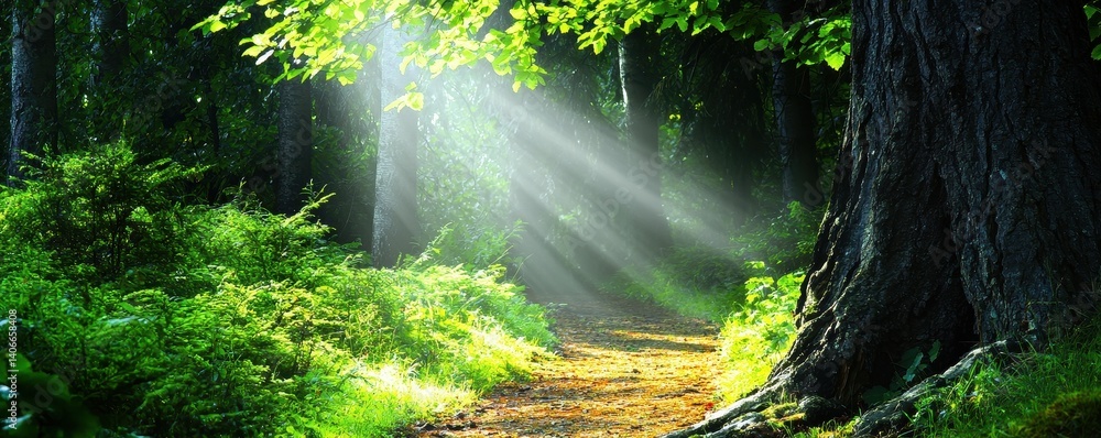 Poster a serene forest path illuminated by sunlight filtering through lush green foliage, creating a peacef