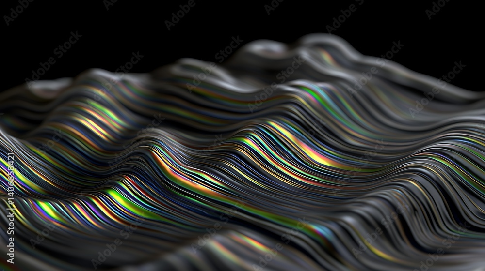Poster abstract, iridescent, wavy lines create a dynamic surface.