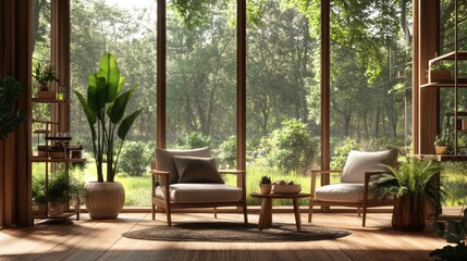 Obraz premium Wall-to-wall windows in modern living room overlooking scenic backyard