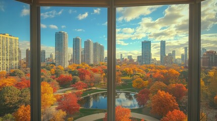 Window view from an apartment overlooking park, trees, and skyline