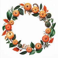 Fototapeta premium Autumn Harvest Wreath Featuring Colorful Pumpkins, Greenery, and Vibrant Fall Leaves Ideal for Seasonal Decor and Thanksgiving Celebrations