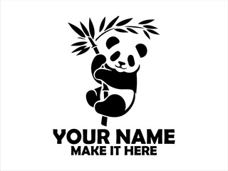 Charming black and white panda cub clinging to a bamboo stalk while playfully reaching for leaves. Cute panda illustration concept, vector panda logo design