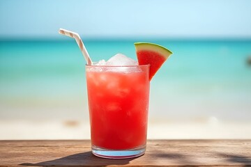 Watermelon smoothie with fresh watermelon slice on beach background. Watermelon juice. A refreshing summer beverage. Tropical fruits. 