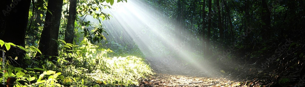 Poster a serene forest scene with sunlight streaming through the trees, illuminating a path covered in lush