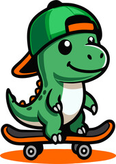 Green dino riding skateboard