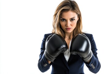 A businesswoman in a navy blue suit, wearing black boxing gloves, projects a determined and powerful image.