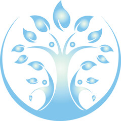Blue Tree of Life Symbol with Leaves and Human Figures