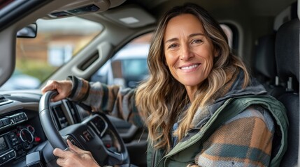 Happy woman driving vehicle positive lifestyle transportation journey travel adventure
