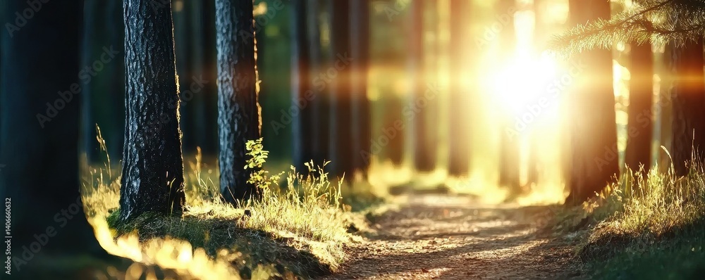 Aufkleber a sunlit forest path with tall trees and gentle light illuminating the greenery, creating a serene a
