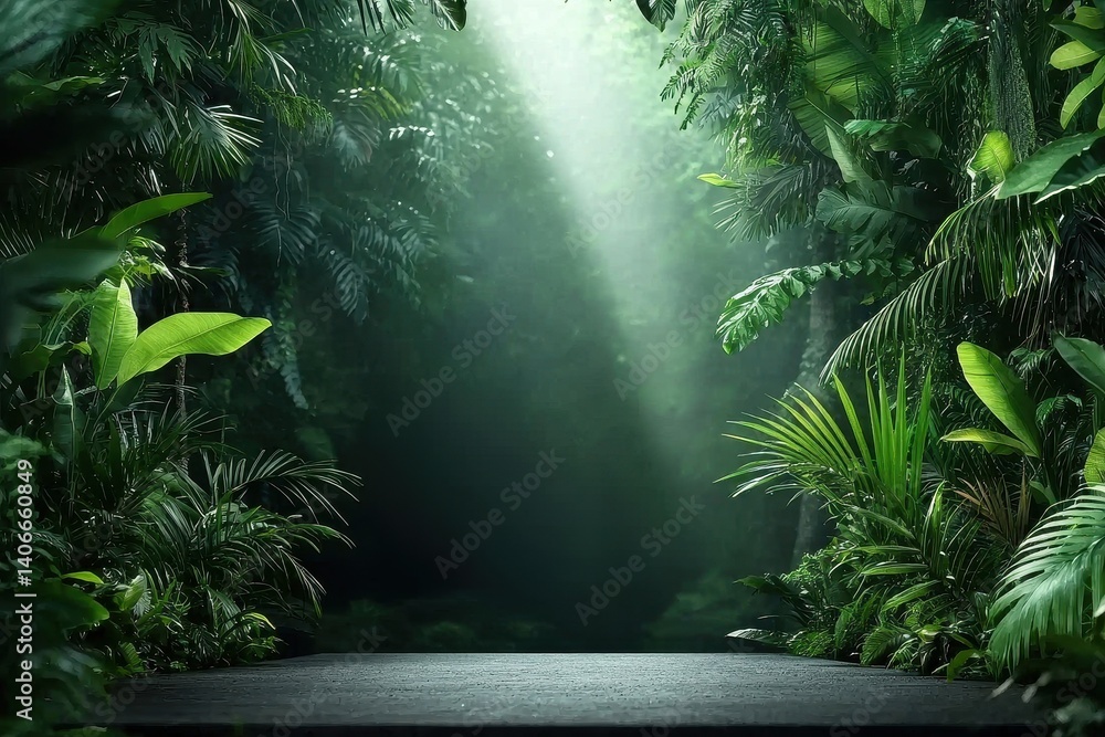 Poster a dense, vibrant jungle scene with lush greenery and soft light filtering through, creating an encha