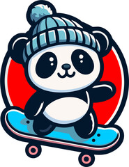 Fototapeta premium Panda wearing blue beanie hat playing skateboard