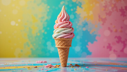 Pastel Swirl Ice Cream Cone: A delightful pastel pink and blue swirl soft serve ice cream cone sits on a table against a vibrant colorful background. Sprinkles surround the base of the cone.