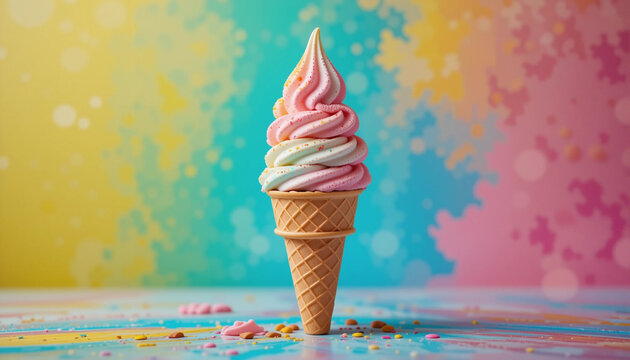 Pastel Swirl Ice Cream Cone: A delightful pastel pink and blue swirl soft serve ice cream cone sits on a table against a vibrant colorful background. Sprinkles surround the base of the cone.