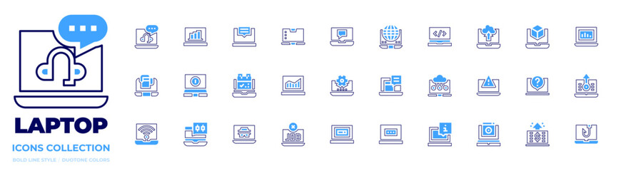 Laptop icon collection. Bold line style. Duotone colors. chat, increase, evaluation, laptop, reminder, wifi, rival, hacker, job, globe earth, programming