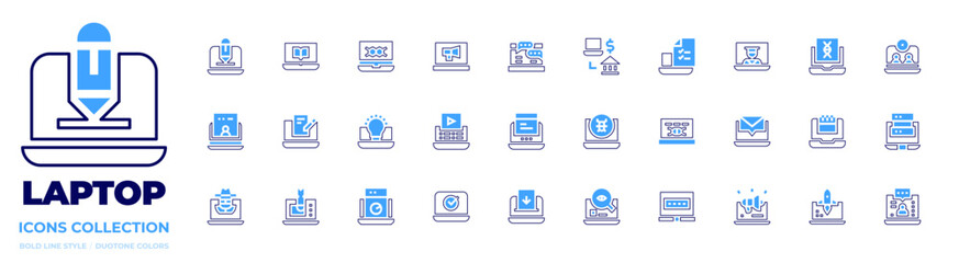 Laptop icon collection. Bold line style. Duotone colors. comment, ebook, chemical element, megaphone, website, writing, idea, video marketing, hacker, chat