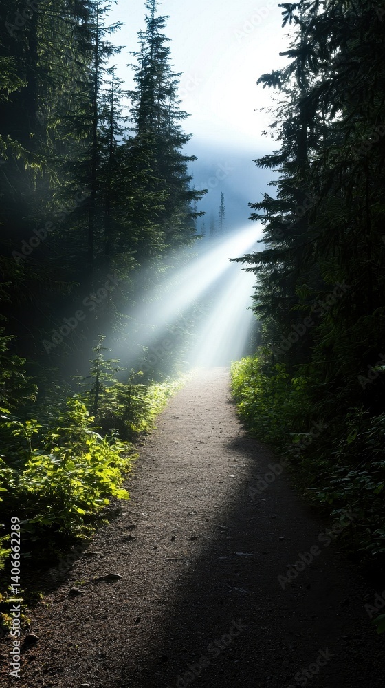 Poster a serene forest path illuminated by soft rays of sunlight filtering through tall trees, creating a p