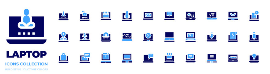 Laptop icon collection. Bold style. Duotone colors. laptop, online shop, startup, ceo, shopping bag, letter, chat, calculate, smart greenhouse, idea