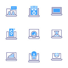 Laptop icon set. Bold line style. Duotone colors. Editable stroke. coaching, discount, laptop, invoice, online education, idea
