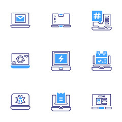 Laptop icon set. Bold line style. Duotone colors. Editable stroke. email, laptop, hashtag, recycling, reminder, virus, invoice