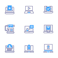 Laptop icon set. Bold line style. Duotone colors. Editable stroke. electronic vote, laptop, vr glasses, online course, password