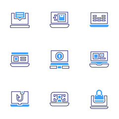 Laptop icon set. Bold line style. Duotone colors. Editable stroke. evaluation, laptop, music equalizer, phishing, online shopping