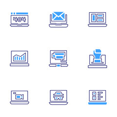 Laptop icon set. Bold line style. Duotone colors. Editable stroke. error, email, laptop, control remote, fist, hacker