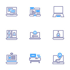 Laptop icon set. Bold line style. Duotone colors. Editable stroke. feedback, message, laptop, video conference, webcam, protected, tracking, workspace, gps
