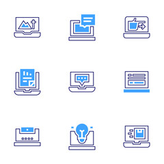 Laptop icon set. Bold line style. Duotone colors. Editable stroke. laptop, analysis, program, webcam, idea