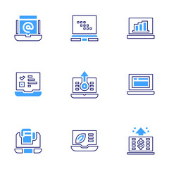 Laptop icon set. Bold line style. Duotone colors. Editable stroke. interface, laptop, increase, task, earnings