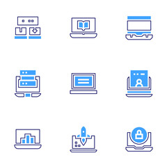 Laptop icon set. Bold line style. Duotone colors. Editable stroke. laptop, ebook, database, website, release, security