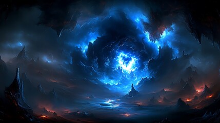 Mystical, luminous clouds illuminate a dramatic alien landscape.