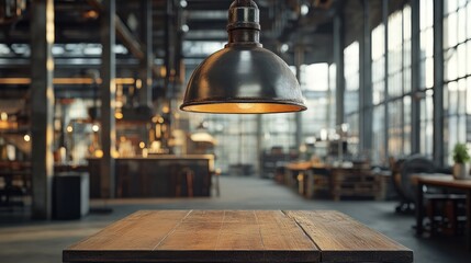 Industrial cafe interior, empty wooden table, ambient lighting, 3D render, product display