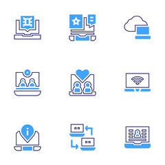 Laptop icon set. Bold line style. Duotone colors. Editable stroke. virus, star, cloud computing, video conference, online dating, wifi, information, videocall