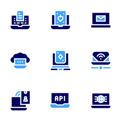 Laptop icon set. Bold style. Duotone colors. blog, laptop, mail, cloud computing, playing cards, video conference, application, worldwide