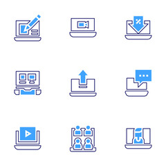 Laptop icon set. Bold line style. Duotone colors. Editable stroke. web design, laptop, discount, electronics, upload, video tutorial, virtual event, videocall