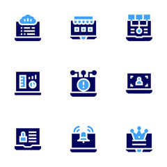 Laptop icon set. Bold style. Duotone colors. cloud service, online shopping, seo, lock, bell, premium, dashboard, alert, user