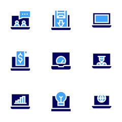 Laptop icon set. Bold style. Duotone colors. coaching, discount, laptop, invoice, online education, idea