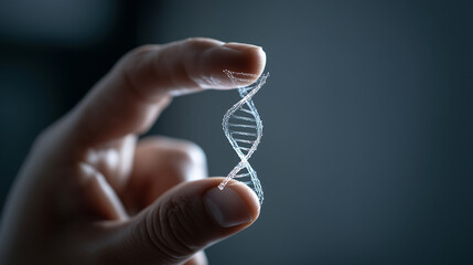 Genetics research future medicine concept hand examines virtual DNA model technology innovation visualization background