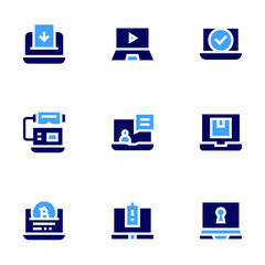 Laptop icon set. Bold style. Duotone colors. electronic vote, laptop, vr glasses, online course, password