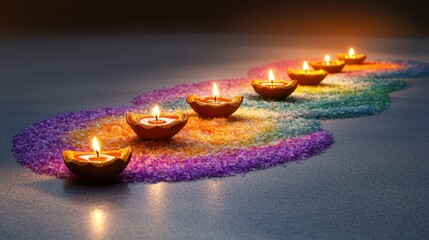 A beautiful Rangoli design made with vibrant colored rice and flower petals, illuminated by the soft glow of Diwali diyas.