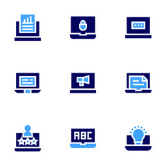 Laptop icon set. Bold style. Duotone colors. report, laptop, megaphone, idea
