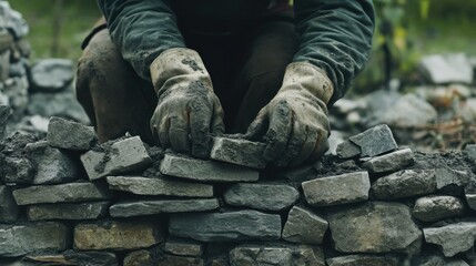 Mason constructing a stone wall in a garden area. Featuring masonry