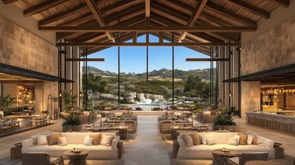 Fototapeta premium Grand lodge interior, showcasing a scenic vista.