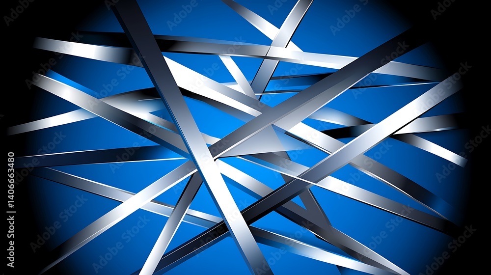 Poster abstract metallic lines intersecting on a deep blue backdrop.