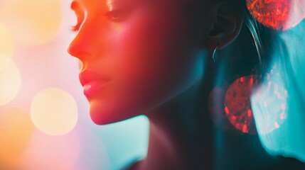 Woman Profile with Colorful Bokeh Lighting Portrait for Fashion Design