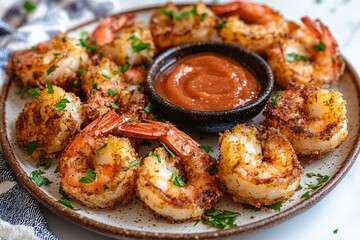 Fototapeta premium Shrimp served on a plate with a tangy sauce garnished with fresh herbs and spices, perfect for a casual gathering or family meal Generative AI