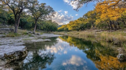 Serene waterscape with sky reflections and autumnal tree foliage on the banks