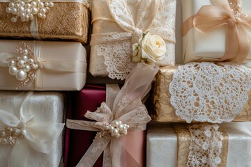 Elegantly wrapped gifts in gold, blush, and burgundy, adorned with pearls and lace.