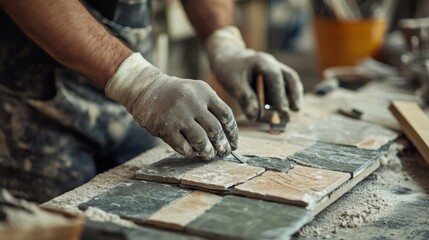Mason installing stone tiles for a kitchen backsplash. Featuring tiling work